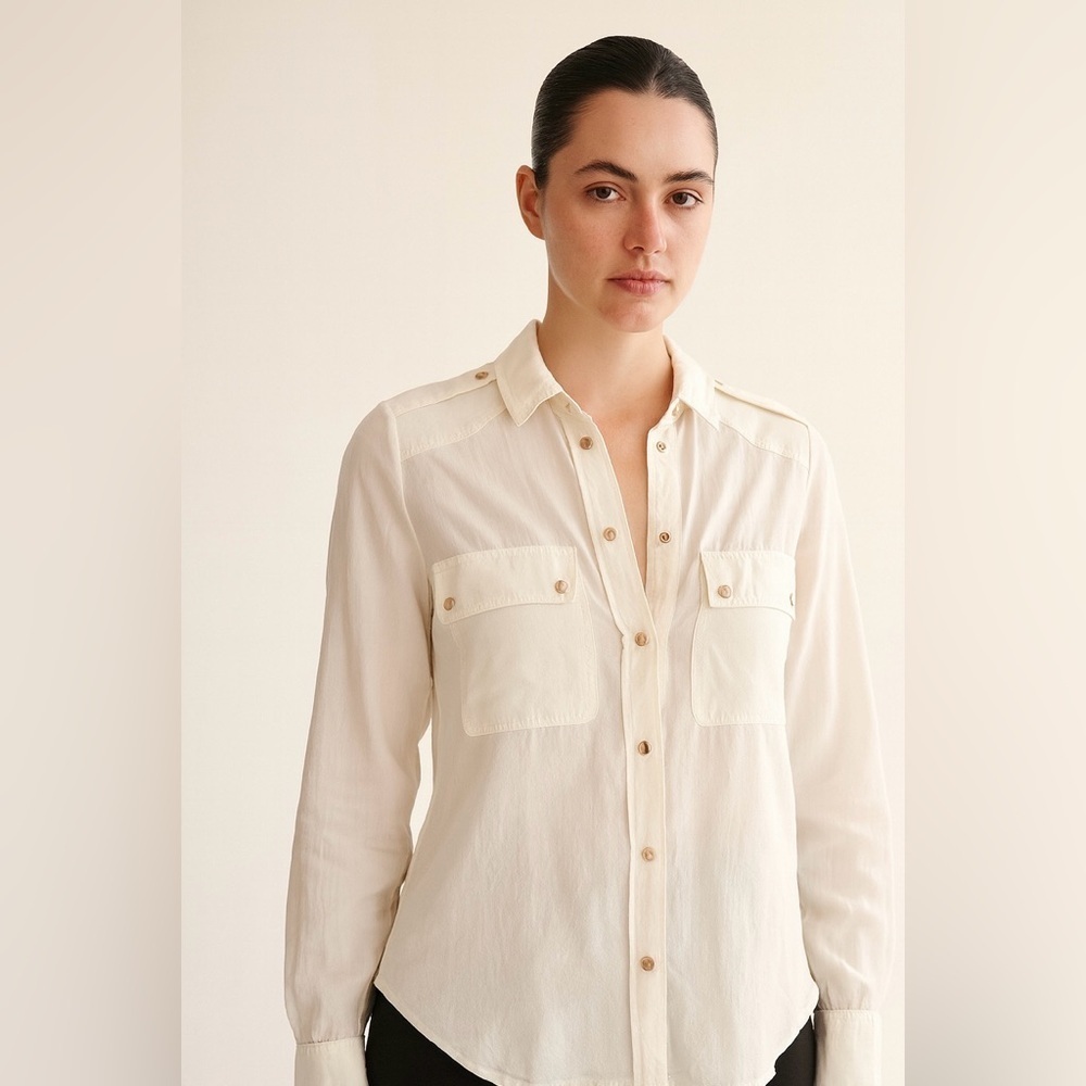 Sezane | Ivory Snap Button Front Silk Blouse